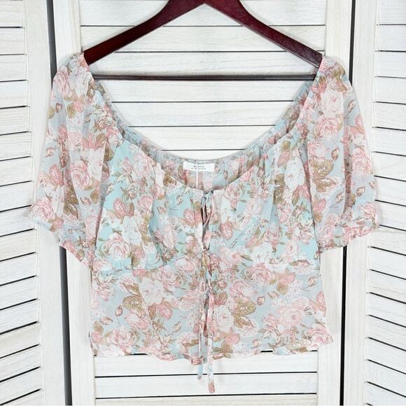 Active USA Sheer Floral Chiffon Tie Front Crop Blouse Blue Pink 1XL Puff Sleeve - Picture 9 of 15